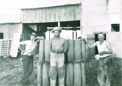 A group of men in work clothes and hats posed in front of the board wall of a cotton gin.