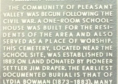 Close view of the text of the Pleasant Valley Cemetery historical marker.
