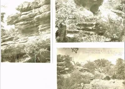A rocky hillside with a cave opening among the trees.