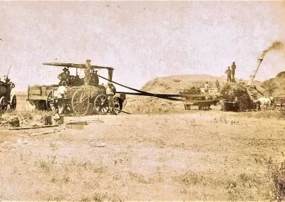 A steam traction engine and thresher at work in a field, crew standing alongside.