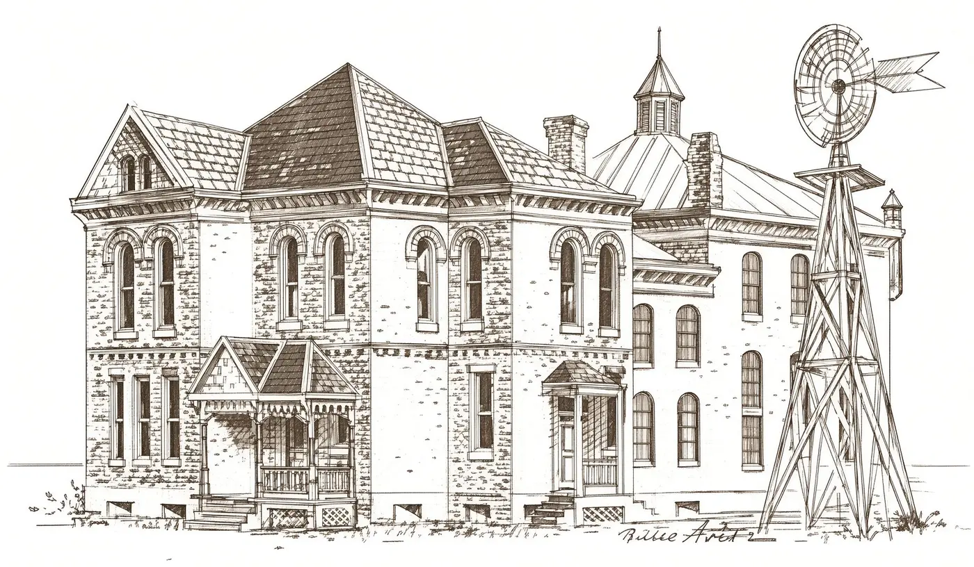 Pen-and-ink drawing of the 1890 Clay County Jail: a two-story brick building with arched windows and a gingerbread-trimmed porch, a domed public building and a windmill rising behind it.